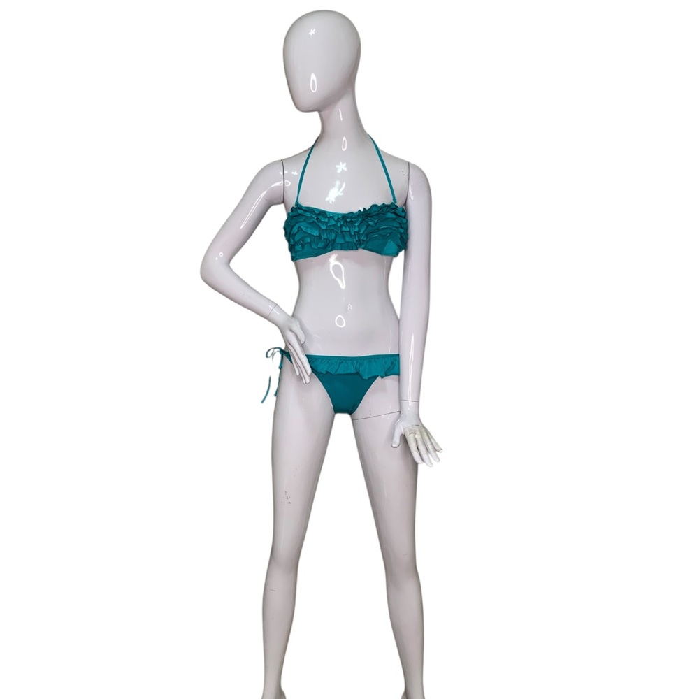 H&M NWOT Bikini Set Teal Halter Top Clap Closure Bottom Side Tie Closure Sz 8